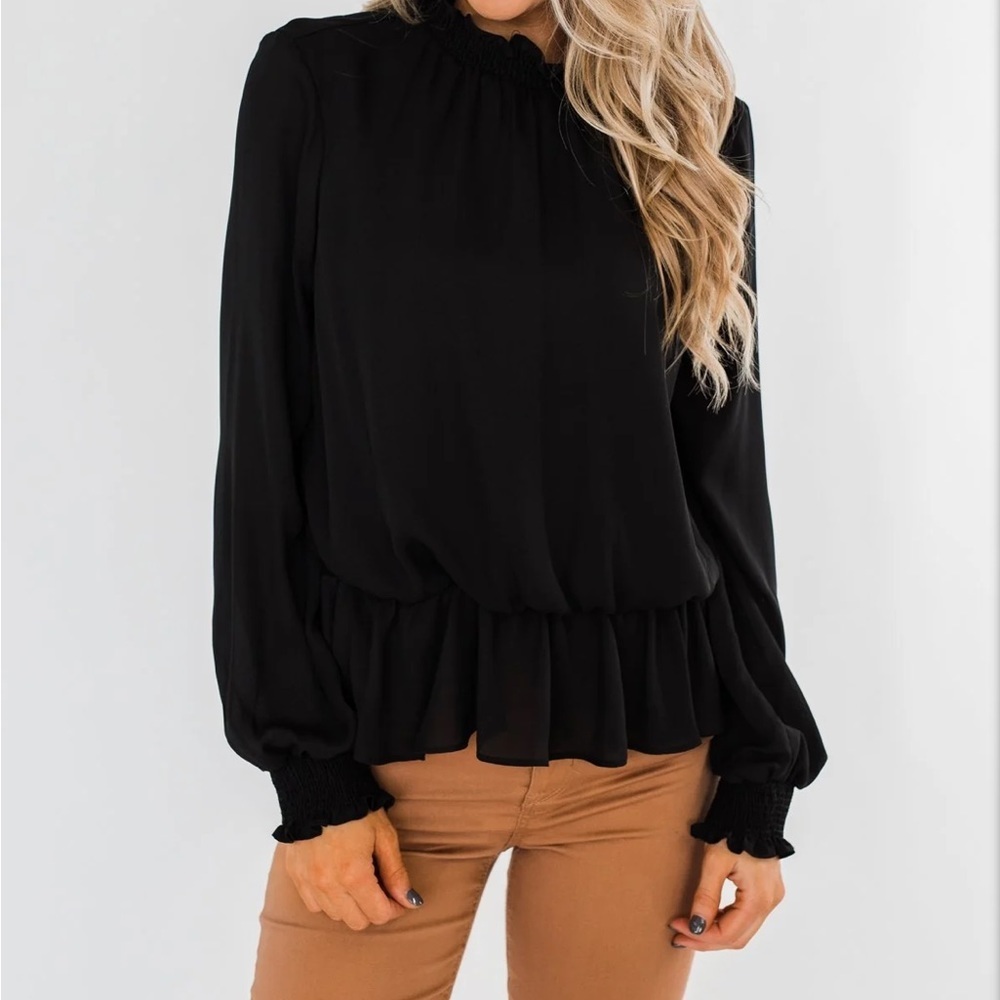 NWT Black Cinched Waist Blouse – Long‎ Sleeve Top L - Picture 4 of 11